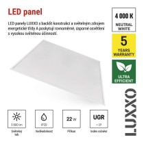LED panel LUXXO 60 x 60 cm / 32 mm, 22 W, 3 800 lm, vestavný, neutrální bílá, UGR<19, IP21