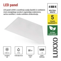 LED panel LUXXO 60 x 60 cm / 32 mm, 22 W, 3 800 lm, vgradni, nevtralno bela, UGR<19, IP21