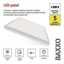 LED panel BAXXO 60 x 60 cm / 50 mm, 36 W, 4 320 lm, přisazený, neutrální bílá, IP21