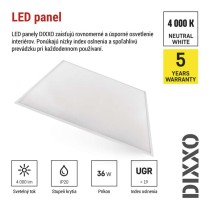 LED panel DIXXO backlit 60×60, štvorcový vstavaný biely, 36W neutrálna b. UGR