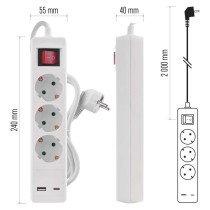 Podaljšek 2 m / 3 vtičnice / s stikalom / beli / 1× USB-A + 1× USB-C / 1,5 mm2