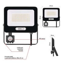 LED reflektor GLARO s pohybovým čidlom, 50 W, čierny, IP54, 5000 lm, neutrálna biela