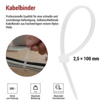 Kabelbinder 100×2,5, weiss, 100 Stk
