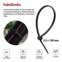 Kabelbinder 150×3,5, schwarz, 100 Stk