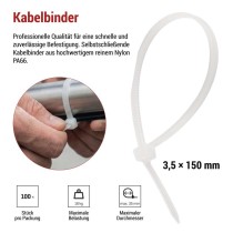 Kabelbinder 150×3,5, weiss, 100 Stk