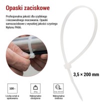 Opaska kablowa 200×3,5, biała, 100 szt