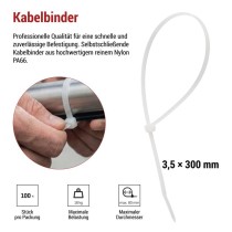 Kabelbinder 300×3,5, weiss, 100 Stk