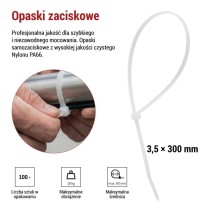 Opaska kablowa 300×3,5, biała, 100 szt