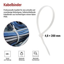 Kabelbinder 200×4,8, weiss, 100 Stk