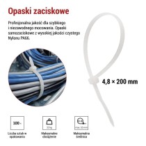 Opaska kablowa 200×4,8, biała, 100 szt