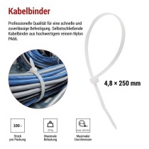 Kabelbinder 250×4,8, weiss, 100 Stk