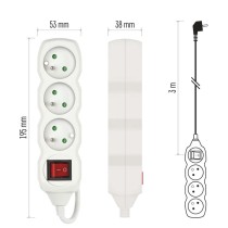Prodlužovací kabel 3 m / 3 zásuvky / s vypínačem / bílý / PVC / 1 mm2