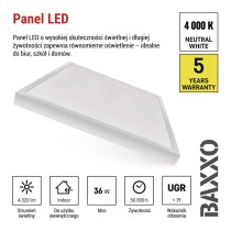 Panel LED BAXXO 60 x 60 cm / 50 mm, 36 W, IP20, neutralna biel UGR<20