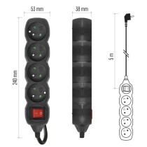Predlžovací kábel 5 m / 4 zásuvky / s vypínačom / čierny / PVC / 1 mm2