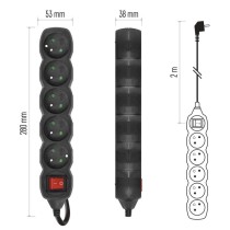 Predlžovací kábel 2 m / 5 zásuviek / s vypínačom / čierny / PVC / 1 mm2
