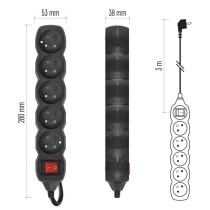 Przedłużacz 3 m / 5 gniazd / z wyłącznikiem / czarny / PVC / 1 mm2