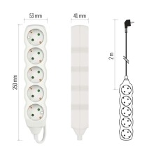 Hosszabbító 2 m  /  5 aljzat  /  fehér  /  PVC  /  1 mm2