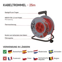 PVC Kabeltrommel – 4 Steckdosen, 25m, 1,5mm2 SCHUKO