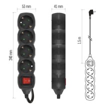 Pagarinātājs, 1,5 m / 4 kontaktligzdas / ar slēdzi / melns / PVH / 1,5 mm2