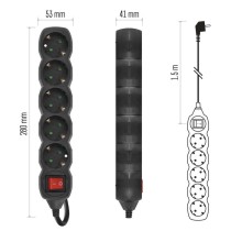 Pagarinātājs, 1,5 m / 5 kontaktligzdas / ar slēdzi / melns / PVH / 1,5 mm2