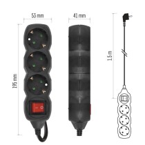 Hosszabbító 1,5 m / 3 aljzat / kapcsolós / fekete / PVC / 1,5 mm2