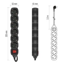 Ilgintuvas 1,5 m / 6 lizdai / su jungikliu / juodas / PVC / 1,5 mm2 