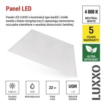 Panel LED LUXXO 60 x 60 cm / 32 mm, 22 W, IP20, neutralna biel, UGR<20