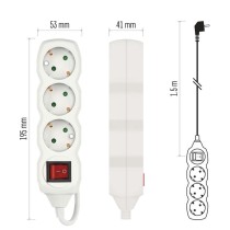 Hosszabbító 1,5 m / 3 aljzat / kapcsolós / fehér / PVC / 1,5 mm2