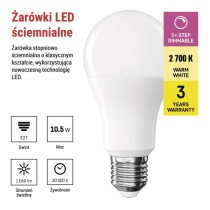Żarówka LED Classic A60 / E27 / 10,5 W (75 W) / 1 060 lm / ciepła biel /ściemnianie stopn.