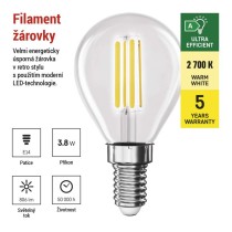 LED žárovka Filament Mini Globe A CLASS/ E14 / 3,8 W (60 W) / 806 lm / teplá bílá