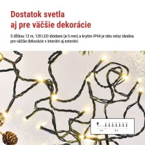 LED vianočná reťaz, 12 m, vonkajšia aj vnútorná, teplá biela, programy, časovač