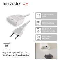 Hosszabbító 3 m / 1 aljzat / fehér / PVC / 0,75 mm2