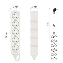 Przedłużacz 5 m / 5 gniazd / biały / PVC / 1,5 mm2