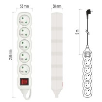 Przedłużacz 5 m / 5 gniazd / z wyłącznikiem / biały / PVC / 1,5 mm2