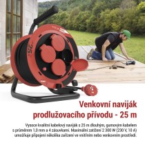 Venkovní prodlužovací kabel na bubnu 25 m / 4 zásuvky / guma / 230 V / 1,0 mm2 / IP44
