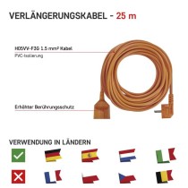 Verlängerungskabel 25 m / 1 Steckdose / orange / PVC / 250 V / 1,5 mm2