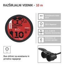 Zunanji podaljšek 10 m / 2 vtičnici / črni / guma / 250 V / 1,5 mm2