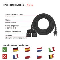 Zunanji podaljšek 15 m / 2 vtičnici / črni / guma / 250 V / 1,5 mm2