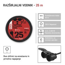 Zunanji podaljšek 25 m / 2 vtičnici / črni / guma / 250 V / 1,5 mm2