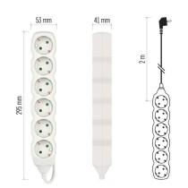 Pagarinātājs, 2 m / 6 kontaktligzdas / balts / PVH / 1 mm2
