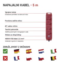 Podaljšek 5 m / 4 vtičnice / s stikalom / črno-rdeči / guma-neopren / 1,5 mm2