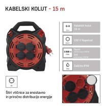 Zunanji kolutni podaljšek 15 m / 4 vtičnice / guma-neopren / 230V / 1,5 mm2 z reflektorjem