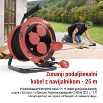 Zunanji kolutni podaljšek 25 m / 4 vtičnice / črni / guma / 230V/400V / 1,0 mm2