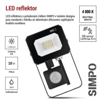 LED reflektor SIMPO s pohybovým čidlem, 10 W, černý, neutrální bílá