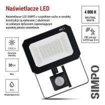 Naświetlacz LED SIMPO 30W, z czujn. PIR, czarny, neutralna biel