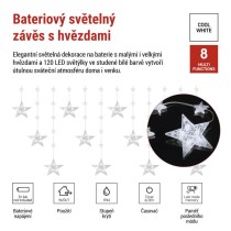 LED vánoční závěs – hvězdy, 170x85 cm, 3x AA, venkovní i vnitřní, studená bílá, časovač