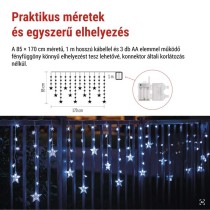 LED karácsonyi függöny – csillagok, 170x85 cm, 3x AA elem, IP44, hideg fehér, időzítő
