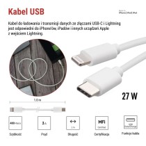 Kabel USB 2.0, wtyk C - Lightning MFi, i16P, ładowanie, transmisja danych, 1 m, biały