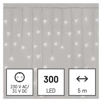 Oświetlenie świątecz. sople 300LED 5m zimna biel, przeź. przew., 8 programów, timer, pilot