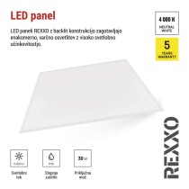 LED panel REXXO backlit 60×60, kvadratni, vgradni, bel, 30W NW